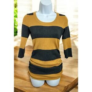 Pink Rose Gold Black Striped Pullover Sweater Sz Small Ruched Sides 3/4 Sleeve